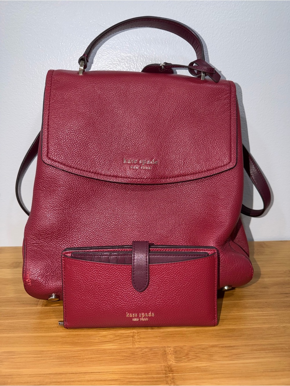 Kate Spade Thompson Medium Backpack Cherry Red Leather + Matching Wallet